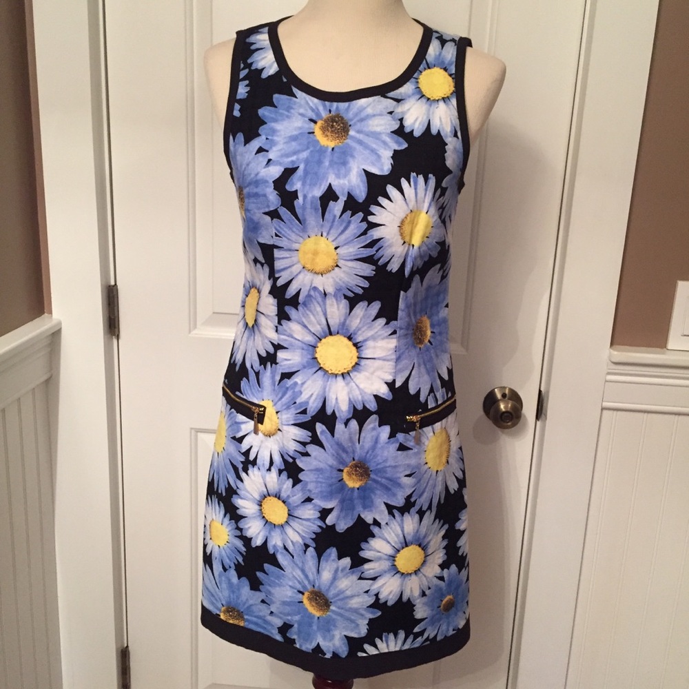 LAUNDRY SHELLI SEGAL DRESS SHEATH BLACK BLUE FLORAL SLEEVELESS SIZE 4